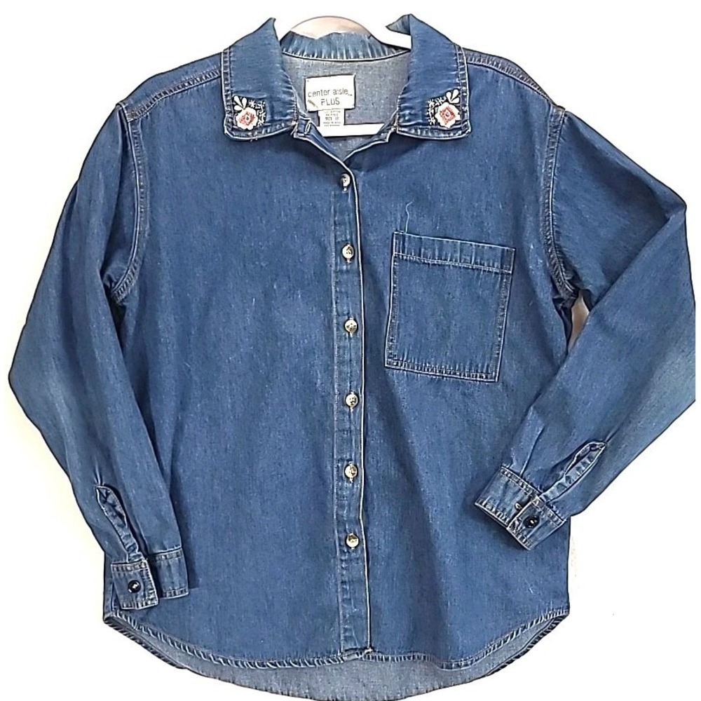 VTG Plus size Womens Denim Shirt 18 Embroidered Dark Wash Shacket Cottagecore
